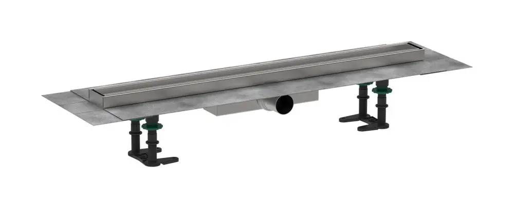 Duschrinne aus Edelstahl von Hansgrohe, für flache Installation, befliesbar, mit seitlichen Halterungen zur Fixierung und zentralem Ablaufanschluss.